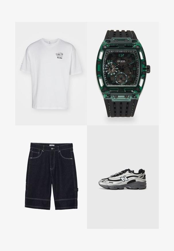 Balta medvilninė marškinėliai su trumpomis rankovėmis, kurių priekyje, kairėje krūtinės pusėje, yra pilkai iliustruotas Porsche automobilis ir užrašas "turbo".; Tamsiai mėlyni džinsiniai šortai su kontrastinga siuvimo linija, penkios kišenės, užsegimas mygtuku ir tiesus kirpimas. Matomų raštų ar tekstūrų nėra.; Sidabrinės ir juodos sportinės bateliai su tinkliniu viršumi, paminkštintu padu, raištelių užsegimu ir šoniniu logotipu.; Guess laikrodis su stačiakampiu žaliu plastiko korpusu, juodu tekstūruotu guminiu dirželiu ir keliais ciferblatais su ryškiais skaičiais bei akcentais.