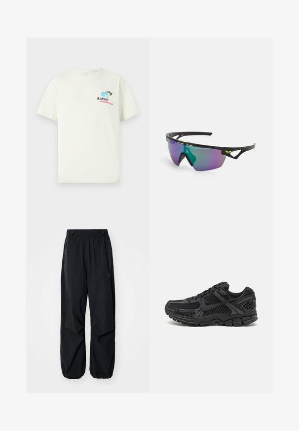 Krátký rukáv krémové tričko vyrobené ze bavlny. Na přední straně má grafiku s modrou globus a stylizovaný text v růžové a černé barvě. Klasický kulatý výstřih.; Černé lehké cargo kalhoty s elastickým pasem, bočními zipy a prostornými kapsami. Mají volný střih a zúžené manžety.; Černá sportovní bota s síťovinovým svrškem, gumovou podrážkou a texturovanými akcenty. Design zahrnuje výrazný systém šněrování a polstrovanou podrážku.; Sportovní sluneční brýle s černým rámem, velkým gradientním sklem s fialovými a zelenými odstíny a hranatými designovými akcenty s detailem loga.