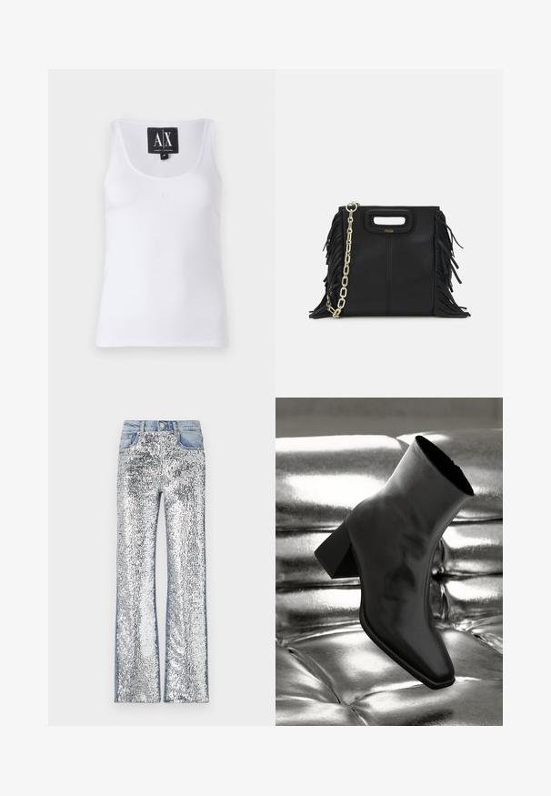 Hvit ermeløs tanktop laget av glatt stoff, med en rund hals og en subtil brodert logo på forsiden.; Sølvpaljettjeans med en utsvingt design, med denimliv og -sider, som skaper en teksturert og reflekterende overflate.; Sorte ankelstøvler laget av blankt materiale med firkantet tå og avsmalnende hæl, plassert mot en glinsende sølvfarget tuftet bakgrunn.; Svart læderhåndtaske med frynsedetaljer, guldkæde skulderrem og udskåret håndtag. Har logo placeret på forsiden.