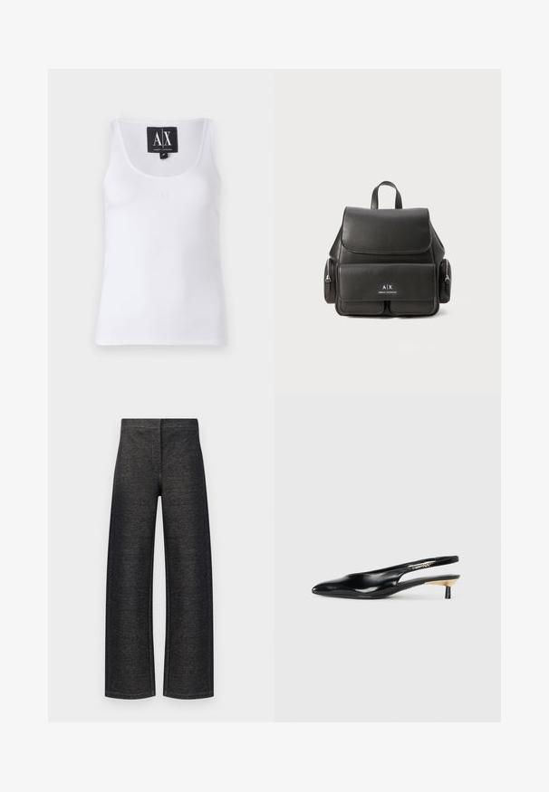 White sleeveless tank top made of smooth fabric, featuring a rounded neckline and a subtle embroidered logo on the front.; Wide-leg trousers in black denim. Features a textured finish with a clean waistband and no visible hardware or pockets.; Black slingback pump with a pointed toe, glossy leather finish, and a small heel with a gold accent. Sleek design with a open back.; Black leather backpack with a flap closure, front pocket, side zipper compartments, and a top handle. Features logo detailing at the front.