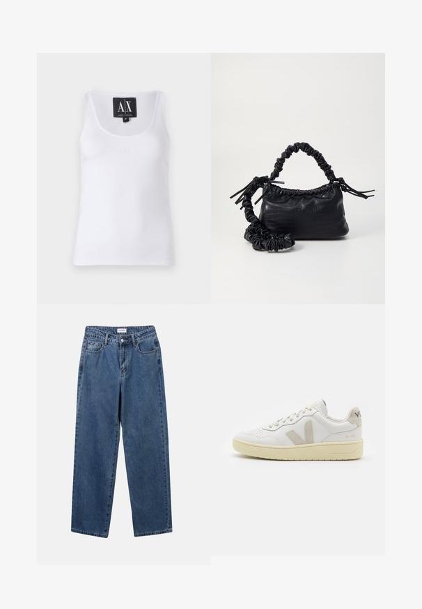 Balta be rankovių maikutė, pagaminta iš lygaus audinio, turinti apvalų iškirpimą ir subtilų siuvinėtą logotipą priekyje.; Klasikiniai mėlynos džinsinio audinio džinsai su tiesiomis kojomis, penkiomis kišenėmis ir mygtukų uždarymu. Pasižymi vidutiniu skalbimu ir tvirtu audiniu.; Balti odiniai sportbačiai su kreminiais zomšos akcentais, perforuota pirštų dalimi, plokščiomis raišteliais ir struktūruota kreminėmis padomis. Ant kulno yra subtilus ženklinimas.; Juodas dirbtinės odos rankinė su krokodilo tekstūra, sušnibždinta viršuje ir susikraipytu dirželiu. Atrodo minkšta ir kompaktiška.