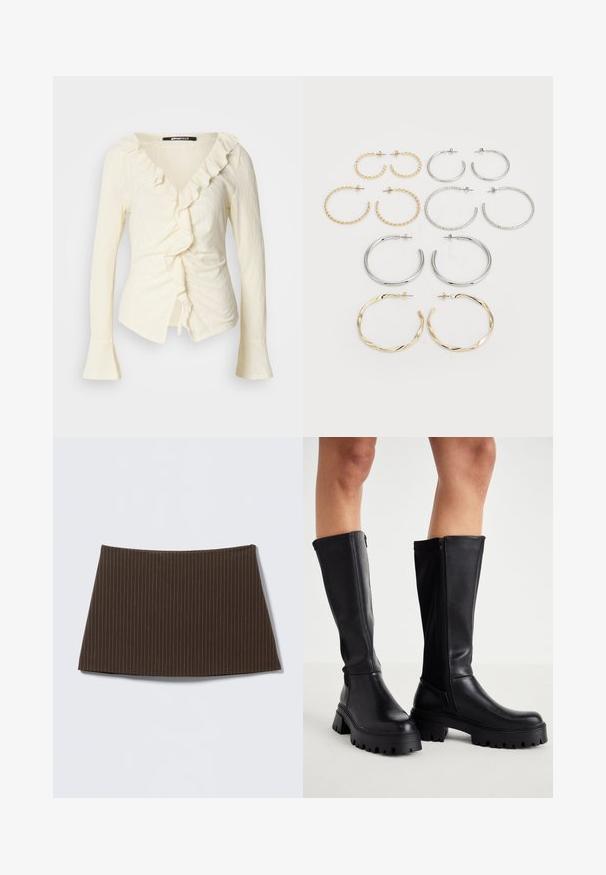 Cremefarvet bluse med lange ærmer, V-halsudskæring, rynket kant, samlede sider og klokkeformede ærmer. Fremstillet af letvægts, struktureret stof.; Brun nederdel med nålestriber, tætsiddende design, glat tekstur og flared kant, ideel til et skræddersyet look.; Sorte knæhøje støvler lavet af glat kunstlæder med en kraftig sål, lynlås i siden og design med rund tå.; Sæt med tolv hoop øreringe i sølv- og guldfarver. Inkluderer snoede, glatte og teksturerede designs i forskellige størrelser og overflader.
