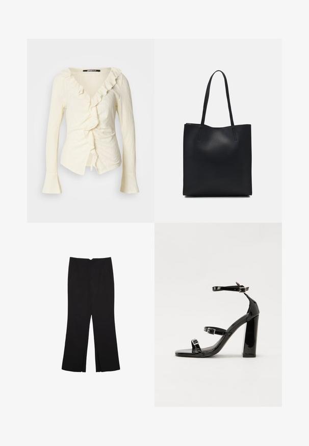 Cremefarvet bluse med lange ærmer, V-halsudskæring, rynket kant, samlede sider og klokkeformede ærmer. Fremstillet af letvægts, struktureret stof.; Sorte bukser med lige pasform, der har frontlommer og slidser i kanten. Lavet af blødt, glat stof. Velegnet til forskellige anledninger.; Sorte patenterede hælsandaler med firkantet tå, ankelremme og sølvspænder. Har en chunky blokHæl for stabilitet.; Sort læder tote taske med glat tekstur, rektangulær form og to lange hanke. Ingen synlig hardware eller udsmykninger.