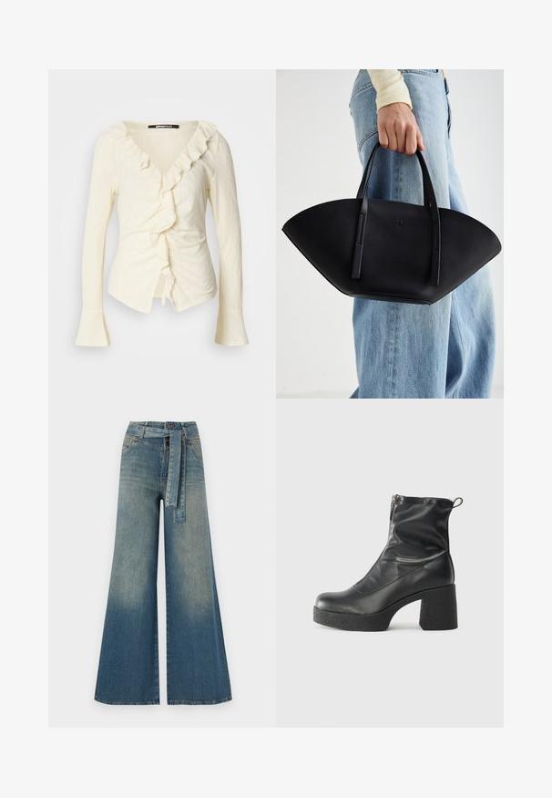 Cremefarvet bluse med lange ærmer, V-halsudskæring, rynket kant, samlede sider og klokkeformede ærmer. Fremstillet af letvægts, struktureret stof.; Bredbens-denimbukser med en lys til mørk blå gradient, høj talje, bælteløkker og et matchende stofbælte. Tekstureret denimfinish.; Sorte ankelstøvler lavet af glat læder, med en sidelukning, kraftig struktureret hæl og rundt tådesign.; Sort læderhåndtaske med en unik vifteform, der har flade håndtag. Overfladen har en pebblelignende tekstur og et minimalistisk design.
