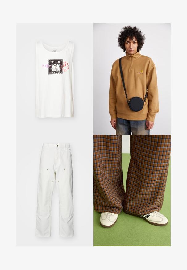 Λευκό αμάνικο μπλουζάκι από βαμβάκι με μαύρη γραφική εκτύπωση και διακοσμητικά στοιχεία σε ροζ και πορτοκαλί. Στρογγυλή λαιμόκοψη, σχεδίαση χωρίς μανίκια.; Λευκά βαμβακερά cargo παντελόνια με χαλαρή εφαρμογή. Ενδεικτικά χαρακτηριστικά περιλαμβάνουν μπροστινές τσέπες, χρυσές λεπτομέρειες και ενισχυμένα γόνατα.; Καφέ και μπλε καρό παντελόνια με φαρδιά πόδια, σε συνδυασμό με λευκά παπούτσια που έχουν μαύρες λεπτομέρειες και υφασμάτινες σόλες, τοποθετημένα σε πράσινο φόντο.; Καφέ φλις πουλόβερ με κουμπί quarter-zip και κεντημένο λογότυπο, συνδυασμένο με μια μαύρη στρογγυλή τσάντα χιαστί με φερμουάρ και λεπτομέρεια λογότυπου, φορεμένο πάνω από τζιν.