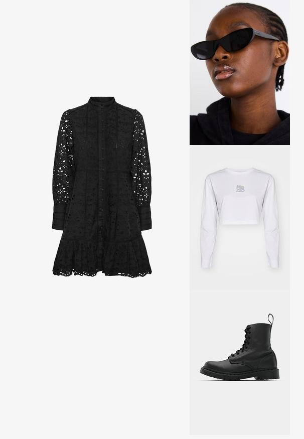 Bijela dugorukava krojena majica od pamuka. Ima otisnuti logo u plavoj i žutoj boji na prsima. Jednostavan, čist dizajn s pripijenim rukavima.; Crna vezeni haljina s visokim ovratnikom, dugmadi sprijeda, dugim rukavima i volanastim rubom. Sadrži izrezane cvjetne i geometrijske uzorke.; Crne kožne vojničke čizme s okruglim vrhom, vezicama sprijeda i petljom na gležnju. Imaju gusti gumeni potplat za izdržljivost.; Crne mačje naočale s mat finišem, koje imaju elegantan dizajn i blago zakrivljene rubove, postavljene na pozadini tamne odjeće modela.; Srebrne kružne naušnice s glatkom, poliranom površinom. Okrugli oblik i sigurno kopčanje na klik. Lagani dizajn pogodan za svakodnevno nošenje.