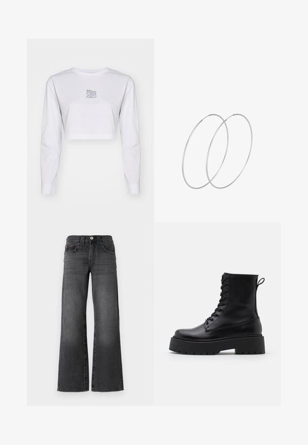 Bela dolga majica s kratkimi rokavi, narejena iz bombaža. Ima tiskano logo v modri in rumeni barvi na prsih. Preprost, čist dizajn z oprijetimi rokavi.; Široke traperice v temno sivi barvi. Imajo pet žepov, gumb za zapiranje in subtilno zbledelost na tkanini. Klasični šivi poudarjajo obliko.; Črne usnjene gležnjarje z okroglo konico, vezalnim sprednjim delom in debelim gumijastim podplatom z teksturiranim profilom. Zanka na hrbtni strani.; Srebrne uhane v obliki obroča z minimalističnim dizajnom. Krožna oblika, gladka tekstura in tanek profil. Lahki s poliranim zaključkom.