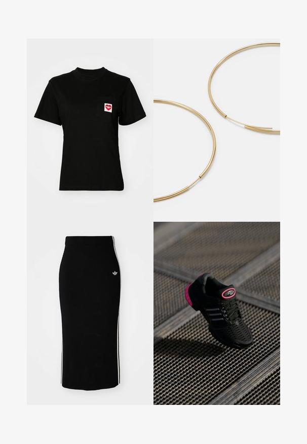 Schwarzes Baumwoll-T-Shirt mit Rundhalsausschnitt und kurzen Ärmeln. Verfügt über eine Brusttasche mit einem roten Herz-Logo und weißem Text.; Schwarzer, gerippter Midikleid mit einem taillierten Design, das weiße Seitenstreifen und ein kleines weißes Emblem auf der linken Seite aufweist.; Schwarzer Sportschuh mit Netzobermaterial, pinken Akzenten und schwarzen gestreiften Details. Verfügt über eine strukturierte Außensohle und ein Logo-Label an der Ferse.; Goldfarbene Ohrringe in Form von dünnen, runden Kreolen, mit einer glatten, metallischen Oberfläche und ohne Verzierungen oder Muster.