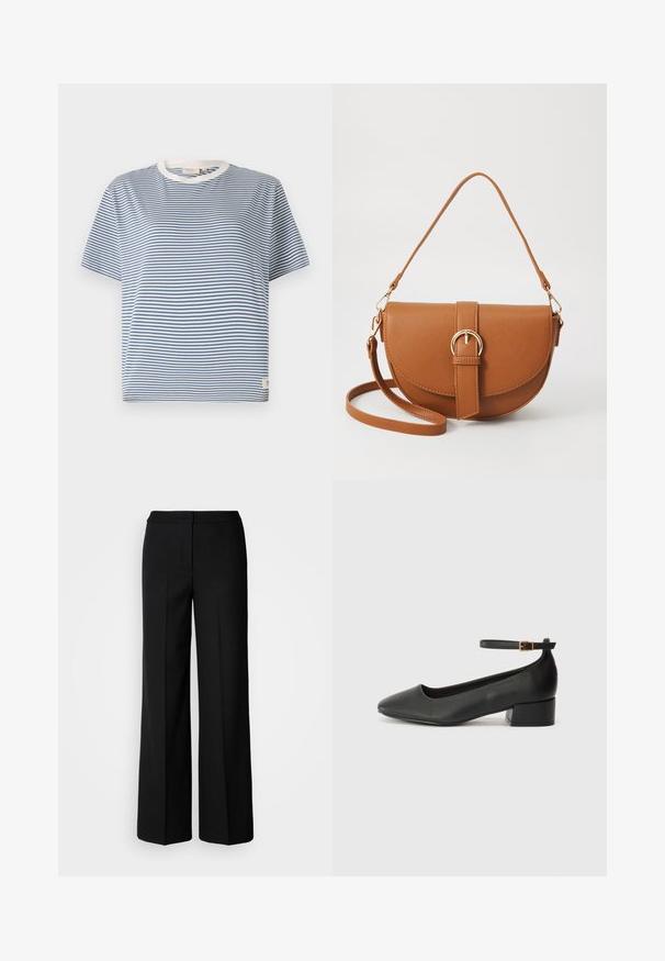 Blauw-wit gestreepte t-shirt met korte mouwen en een ronde halslijn, met een klein label aan de onderkant. Gemaakt van een lichte stof.; Zwarte wijde broek van een gladde stof, met een hoge taille, nauwkeurig gestikte naden en een minimalistisch ontwerp. Geen zichtbare hardware of zakken.; Zwarte leren pump met een spitse neus en een lage blokhak. Beschikt over een enkelband met een goudkleurige gespsluiting. Gladde textuur.; Bruine leren schoudertas met een gebogen vorm, gouden hardware en een gespaccent. Bevat een afneembare schouderriem.