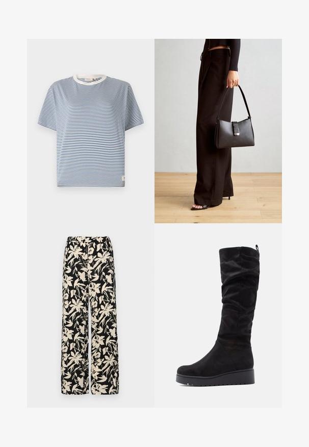 Niebieska i biała koszulka z krótkim rękawem w paski, z okrągłym dekoltem i małą metką po dolnej stronie. Wykonana z lekkiego materiału.; Czarne spodnie wide-leg z kremowym kwiatowym wzorem. Wykonane z lekkiego materiału, o gładkiej teksturze i wysokim staniku.; Czarne zamszowe kozaki sięgające do kolan z luźnym fasonem, okrągłym noskiem i grubą platformą z żłobieniami.; Czarna torebka o usztywnionym kształcie, gładkiej fakturze i metalowym zapięciem. Połączona z szerokimi czarnymi spodniami i sandałami na otwartym palcu na drewnianej podłodze.