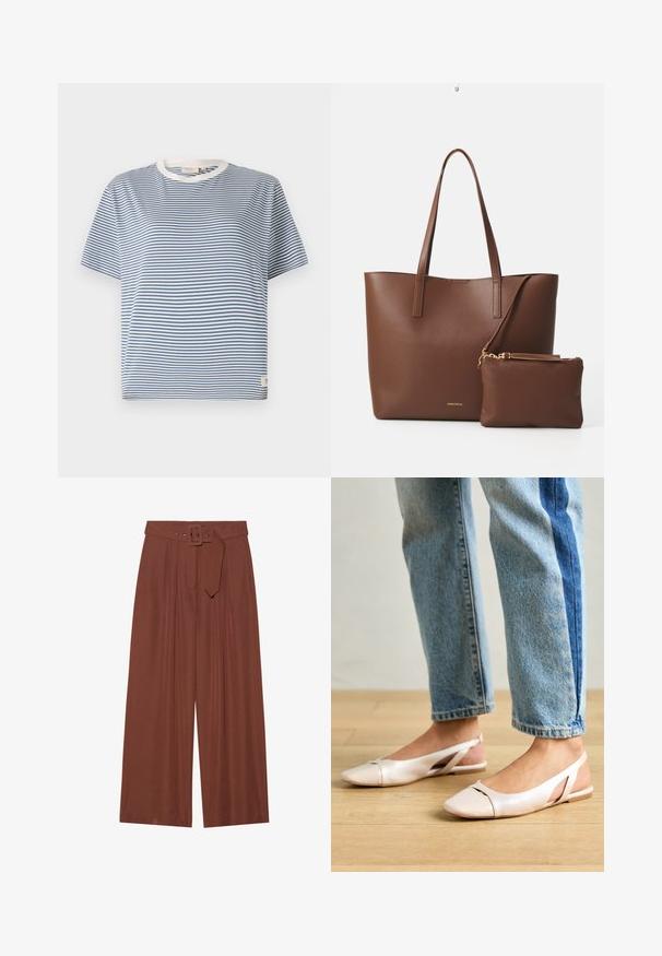 Kék és fehér csíkos rövid ujjú póló, kerek nyakkivágással és egy kis címkével az alsó részen. Könnyű anyagból készült.; Barna anyagból készült, széles szárú nadrág, négyzet alakú csattal ellátott övvel, redők kialakítással és sima textúrával.; Világos rózsaszín slingback laposlábú cipők, hegyes orral, sima bőrhatású anyagból készült. Oldalt kivágott részletek találhatók rajta, valamint lapos sarkú.; Barna műbőr válltáska két hosszú fogantyúval és egy matching kis tárolóval. A felülete textúrás mintázatú, arany színű fém díszítésekkel.