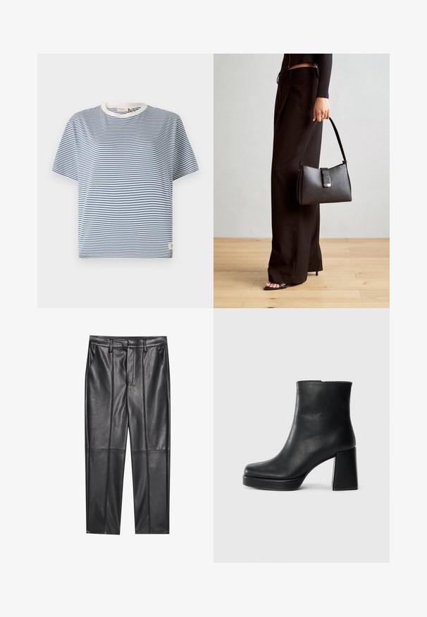 Camiseta de manga corta a rayas azules y blancas con un escote redondo y una pequeña etiqueta en el lado inferior. Confeccionada en una tela ligera.; Pantalones de cuero negros con una textura suave, con un corte recto, dos bolsillos frontales y detalles de costura visibles.; Botín de cuero negro con tacón cuadrado y suela de plataforma, visto de lado sobre un fondo blanco liso.; Bolso negro con forma estructurada, textura suave y un cierre metálico. Combinado con pantalones anchos negros y sandalias de dedo en un suelo de madera.