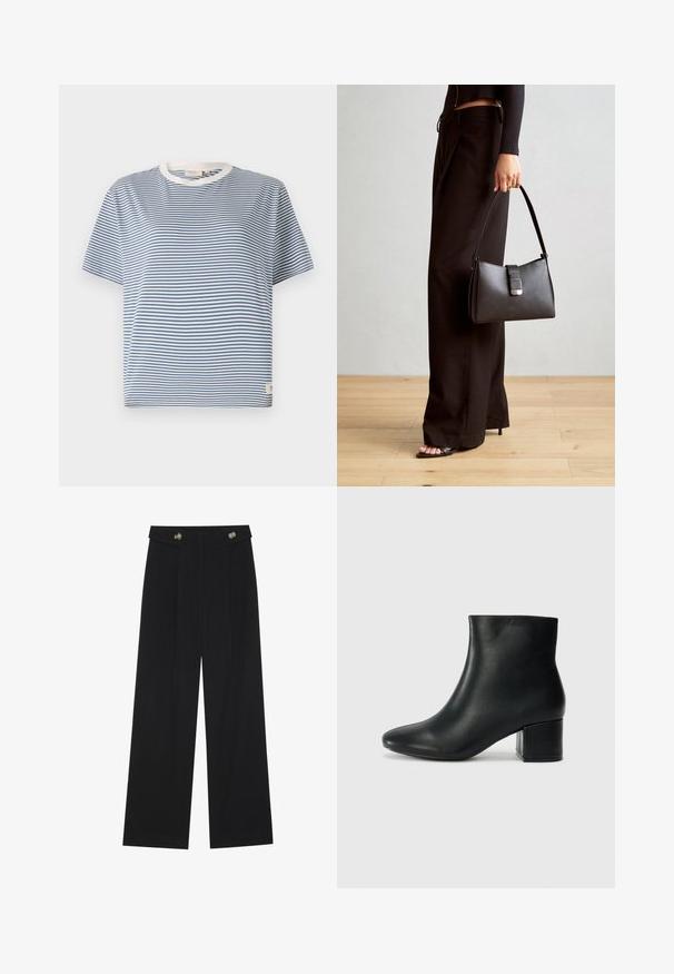 Blå og hvid stribet kortærmet t-shirt med rund halsudskæring og et lille mærke på den nederste side. Lavet af et let materiale.; Sorte vide bukser med høj talje, knapdetaljer på taljebåndet og frontfald.; Sorte læder ankelstøvler med spids tå og en kraftig hæl. Glat tekstur med minimale detaljer og et slankt, tætsiddende design.; Sort håndtaske med struktureret form, glat overflade og metalspænde. Sammen med brede sorte bukser og sandaler med åben tå på trægulv.