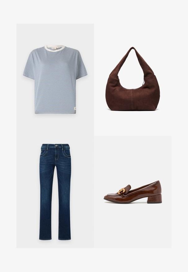Blå og hvid stribet kortærmet t-shirt med rund halsudskæring og et lille mærke på den nederste side. Lavet af et let materiale.; Mørkeblå denim jeans med lige ben, fem lomme-design og standard knaplukning. Har diskrete syninger.; Brune læder loafers med en blank finish, der har en dekorerende guld spænde foran og en lav blokhæl. Klassisk design.; Brun ruskinds hobo taske med et buet, bredt håndtag og en stor åbning. Blød tekstur med synlige stikninger langs kanterne.