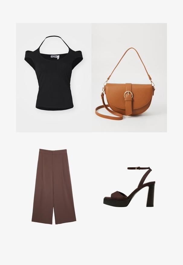 Čierny top s krátkym rukávom a dizajnom bez ramienok, vyrobený z hladkej, elastickej tkaniny. Má široký výstrih a jemne zakrivený lem.; Hnedé nohavice so širokými nohavicami a hladkou textúrou, s vysokým pásom a prednými skladmi. Tkanina je ľahká a voľne sa pohybuje.; Hnedé semišové sandále na vysokom podpätku s otvorenou špičkou, nastaviteľným členkovým remienkom a pruhovanou platformovou podrážkou.; Hnedá kožená kabelka cez telo s zakriveným tvarom, zlatými kovovými doplnkami a akcentom s prackou. Obsahuje odnímateľný ramenný popruh.