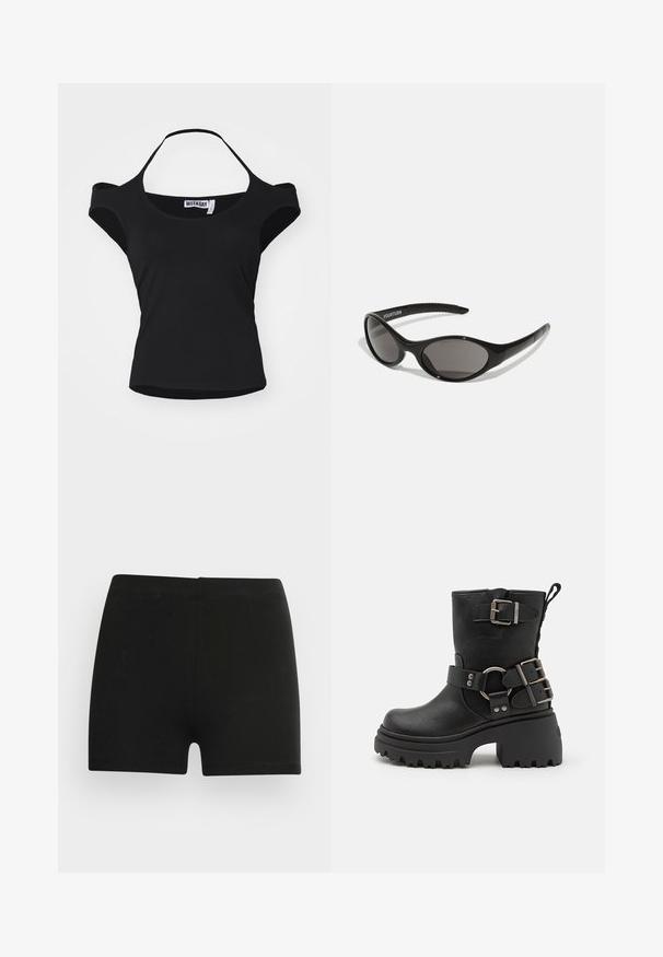 Schwarzes Kurzarm-Oberteil mit schulterfreiem Design, aus einem glatten, dehnbaren Material gefertigt. Verfügt über einen weiten Ausschnitt und einen dezent geschwungenen Saum.; Schwarze Baumwollshorts mit taillierter Passform und elastischem Bund. Glatte Textur, mittellange Beinlänge bis zum Oberschenkel, ohne sichtbare Muster oder Verzierungen.; Schwarze Leder-Stiefel bis zum Knöchel mit einer klobigen Sohle, Schnallen- und Riemenakzenten sowie einer strukturierten Oberfläche. Verfügt über eine Zuglasche für einfaches An- und Ausziehen.; Schwarze Sonnenbrille mit ovaler Form und dunklen Gläsern. Schlanker Kunststoffrahmen mit strukturierten Akzenten an den Bügeln. Branding an der Seite.