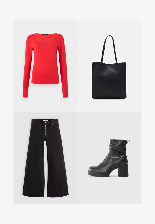 Replay SQUARED NECK - Long sleeved top - red; Wide-leg jeans in black denim with a zippered front, five-pocket design, and subtle stitching details. Smooth texture and casual style.; Black ankle boots made of smooth leather, featuring a side zipper, chunky textured heel, and rounded toe design.; Black leather tote bag with smooth texture, rectangular shape, and two long handles. No visible hardware or embellishments.