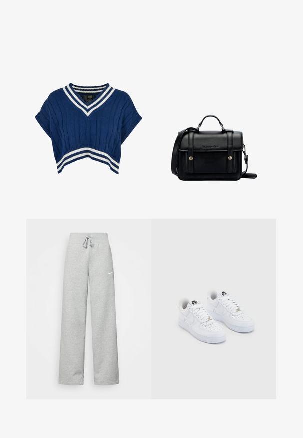 Urban Classics CROPPED COLLEGE SLIPOVER - T-shirts print - spaceblue; Grå sweatpants med elastisk talje, snor detaljer og et lille hvidt Nike-logo på venstre lår. Blødt stof, løs pasform.; Hvide Nike Air Force 1 sneakers med en glat læderoverdel, perforeret tåboks, hvide snørebånd og sort branding på tungen.; Sort læder crossover taske med struktureret design, topgreb, justerbar rem, frontklap og metalaccenter. Har branding på fronten.