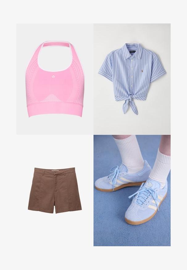 Roze sportbeha met een halternekontwerp, voorzien van subtiele witte patronen en een geribbeld textuur langs de band aan de onderkant.; Blauw en witte gestreepte korte mouwen shirt, met een knoopdetail op de taille en een klein logo op de linkerkant van de borst.; Bruine linnen shorts met een platte voorkant, twee voorzakken en een gladde textuur. Heeft een aangesloten pasvorm en een rechte zoom aan de onderkant.; Lichtblauwe suède sneakers met witte strepen, platte veters en een gumrubberen zool. Geribbelde witte sokken worden boven de enkel gedragen.