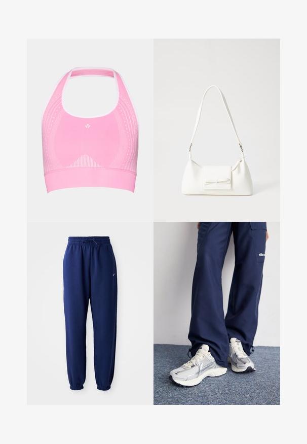 Roza športna modrc z obliko halter vratu, z disretnimi belimi vzorci in rebrasto teksturo vzdolž pasu na dnu.; Temno modri trenirka hlače iz mehkega blaga, z elastičnim pasom in vrvico, elastičnimi manšeti ter majhnim belim logotipom.; Nike športni čevlji s srebrno mrežasto zgornjico, belimi poudarki in teksturiranimi podplati, v kombinaciji s sproščenimi temno modrimi hlačami.; Bela sintetična torbica v obliki trikotnika, z ravnim sprednjim poklopcem in detajlom mašne, nastavljivim trakom, gladko teksturo in minimalističnim dizajnom.
