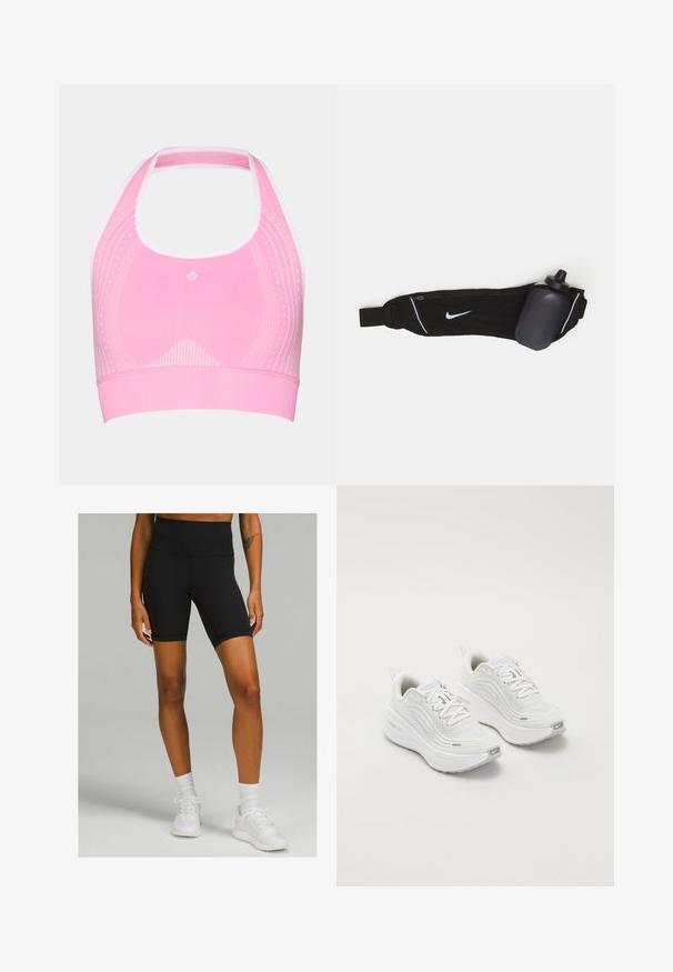 Reggiseno sportivo rosa con design a collo halter, caratterizzato da sottili motivi bianchi e texture a coste lungo il bordo inferiore.; Shorts da ciclismo neri a vita alta realizzati in tessuto elasticizzato, con una vestibilità slim e lunghezza fino a metà coscia, abbinati a scarpe da ginnastica bianche e calzini.; Scarpe da ginnastica bianche con tomaia in rete testurizzata, suola ammortizzata e sottili dettagli grigi. Comprendono il branding e una linguetta sul tallone per una facile calzata.; Cintura per bottiglia d'acqua nera con cinturino regolabile, caratterizzata da un logo Nike bianco, un portabottiglie d'acqua grigio e cuciture di accento bianche.