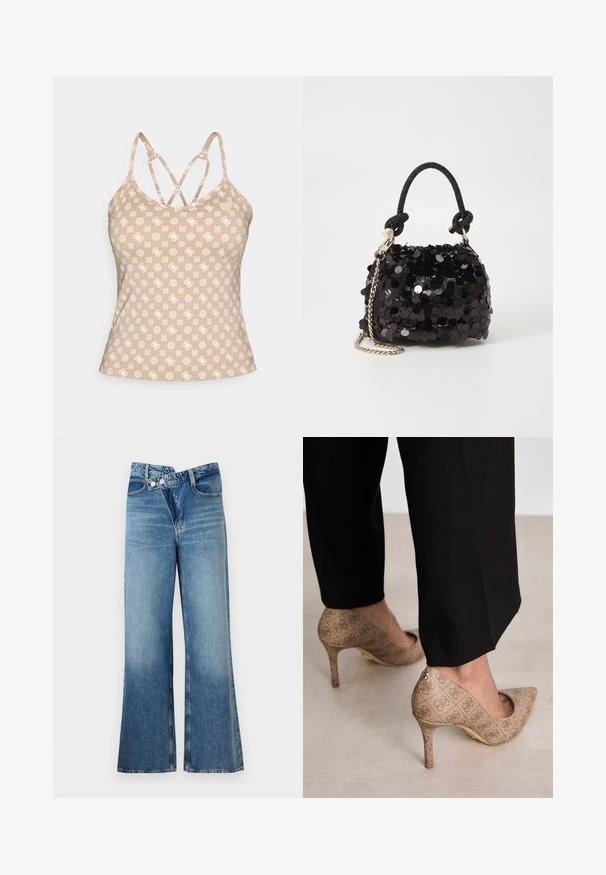 Béžová tielko s bielymi opakujúcimi sa geometrickými vzormi. Obsahuje nastaviteľné krížové ramienka a priliehavý strih. Hladká textúra.; Svetlomodré denimové nohavice s rozšírenými nohavicami a vysokým pásom, so dvoma gombíkmi a prednými vreckami. Materiál má vyblednutú textúru s jemnými variáciami.; Béžové lodičky na vysokom opätku s textúrovanou tkaninou a opakujúcim sa vzorom. Dizajn so špicatou špičkou, zadným akcentom a zlatým detailom na opätku.; Čierna mini kabelka so štrasom, s uzlovým textúrovaným popruhom a strieborným reťazom. Guľatý tvar s riaseným vrchom a reflexnými detailmi.