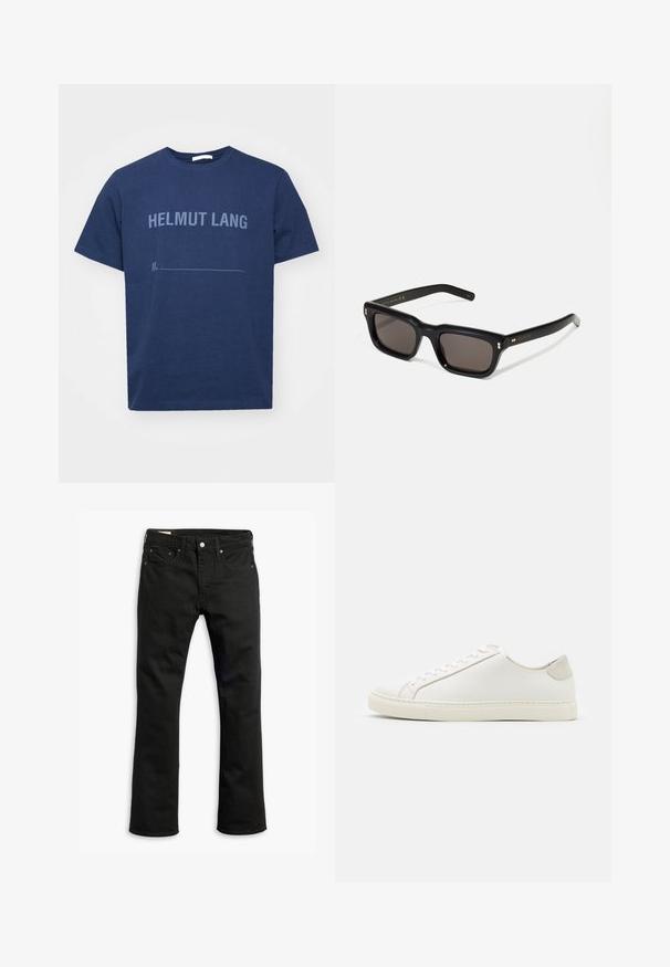 Navy blue cotton t-shirt with short sleeves, featuring "HELMUT LANG" printed in lighter blue text and a blank line below.; Black denim jeans with a straight leg design, five pockets, metal button closure, and subtle stitching details. Smooth texture and solid color.; White leather sneaker with a smooth surface, round toe, and minimalistic design. Features beige accents on the heel and a rubber sole.; Black rectangular sunglasses with dark lenses, thick plastic frame, gold accents on temples, and brand logo engraved on the arm.