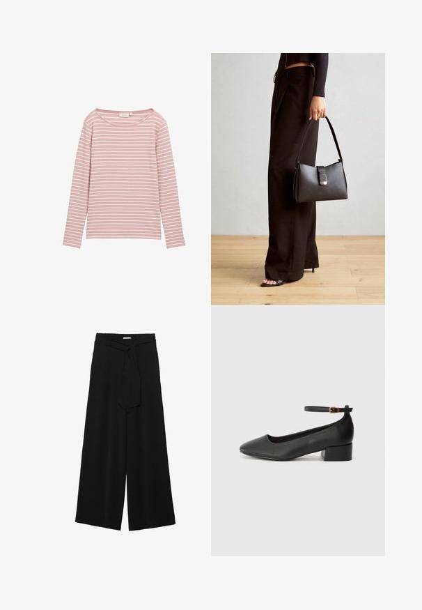 Dugih rukava majica u svijetlo ružičastoj boji s bijelim prugama, s širokim izrezom i mekom, glatkom teksturom.; Crne široke hlače od teksturirane tkanine, s elastičnom pojasom i odvojivim remenom na struku za prilagodivo pristajanje.; Crne kožne pumpe s oštrim vrhom i niskom blok petom. Sadrže remen oko gležnja s zlatnim kopčanjem. Glatka tekstura.; Crna torba s oblikom koji sadrži strukturu, glađu teksturu i metalnu kopču. Uparena s širokim crnim hlačama i sandalama na otvorenom s drvenog poda.