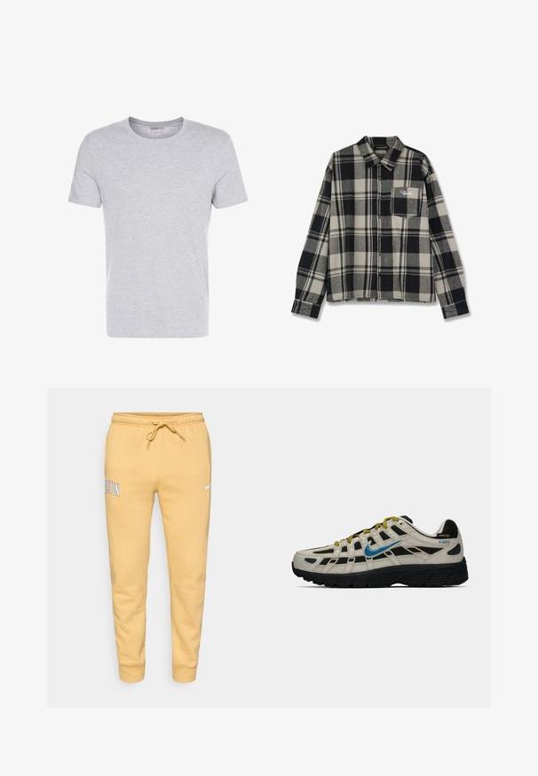 T-shirt de algodão cinza com decote redondo, mangas curtas e um design liso, apresentando uma textura suave e macia, sem padrões ou adornos visíveis.; Camisa de flanela preta e creme com padrão xadrez, mangas longas, fecho frontal com botões, um bolso no peito e bordado discreto do logótipo no bolso.; Calças de moletom amarelas com cordão e punhos elásticos, texto "BOSTON" na coxa esquerda e pequeno logótipo da Nike em branco na coxa direita.; Sapatilha Nike P-6000 em bege e preto com swoosh azul, atacadores amarelos, sola preta e etiqueta de tecido Cordura no calcanhar.