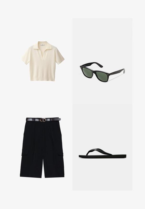 Krémová polo košela s krátkym rukávom a jemnou textúrou, s klasickým golierom a voľným strihom, vhodná na voľnočasové nosenie.; Čierne cargo šortky vyrobené z ľahkého materiálu, s rovnými nohavicami, bočnými vreckami a hnedým koženým opaskom so striebornou sponou.; Čierne gumené žabky s textúrovaným popruhom a jednoduchou plochou podrážkou, zobrazené z boku na jednofarebnom svetlom pozadí.; Čierne plastové slnečné okuliare so zelenými šošovkami, štvorcové rámy, strieborný akcent na obočí a textúrované ramenné opierky. Brand uvedený na vnútornej strane ramien.