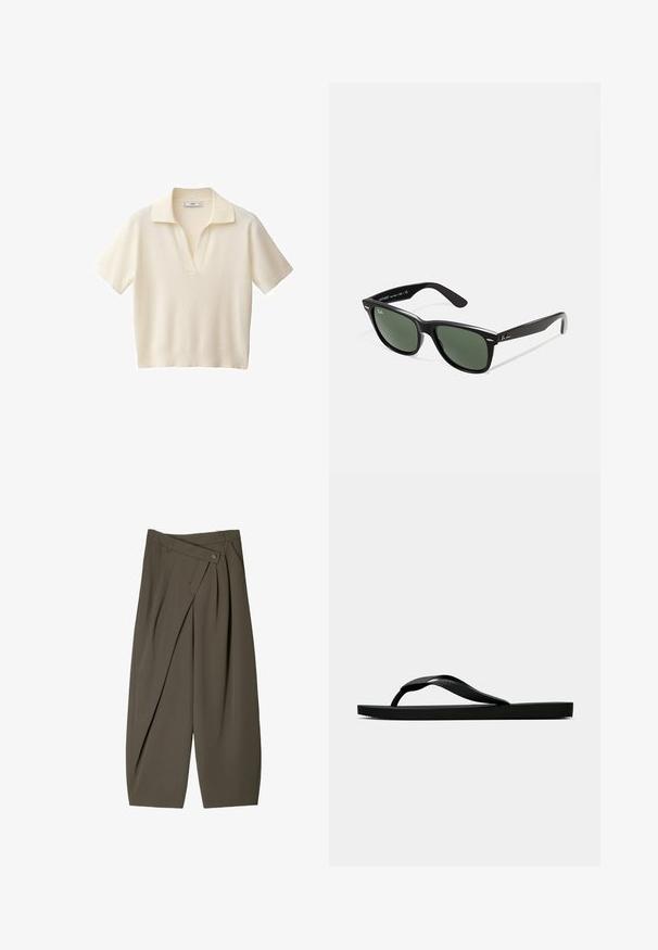 Krémová polo košela s krátkym rukávom a jemnou textúrou, s klasickým golierom a voľným strihom, vhodná na voľnočasové nosenie.; Široké nohavice z tmavozelenej látky s plisovaným predným dizajnom, gombíkovým zapínaním a lesklým, textúrovaným povrchom.; Čierne gumené žabky s textúrovaným popruhom a jednoduchou plochou podrážkou, zobrazené z boku na jednofarebnom svetlom pozadí.; Čierne plastové slnečné okuliare so zelenými šošovkami, štvorcové rámy, strieborný akcent na obočí a textúrované ramenné opierky. Brand uvedený na vnútornej strane ramien.