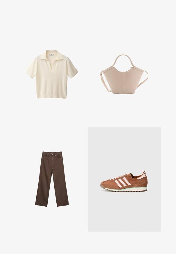 Polo shirt crème à manches courtes avec une texture douce, arborant un col classique et une coupe décontractée, idéal pour un look casual.; Jean brown à jambes larges en denim, doté d'une taille haute, de poches avant et d'une fermeture à bouton classique. Texture lisse avec des coutures subtiles.; Baskets Adidas marron et rose avec détails en daim, trois bandes roses sur le côté, et une semelle blanche avec un accent vert.; Sac à main en cuir beige avec une forme unique, doté de deux poignées courtes et d'une longue sangle réglable. Texture lisse avec un minimum de matériel.