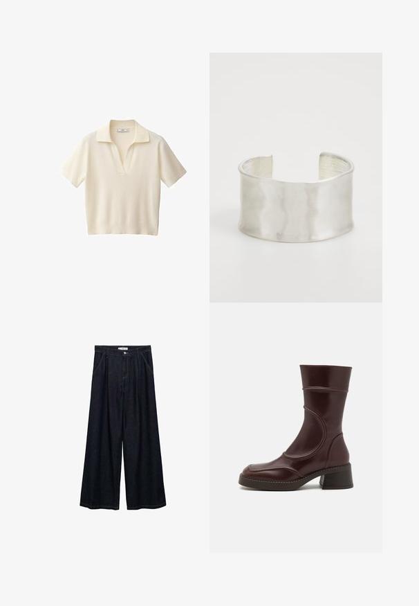 Crèmekleurig poloshirt met korte mouwen van een zachte stof, voorzien van een klassieke kraag en een relaxte pasvorm, geschikt voor casual dragen.; Donkerdenim wijde-broek met een hoge taille, voorzien van een sluiting met knoop aan de voorkant, twee zijzakken en stikdetails.; MIISTA MALENE - Lage laarzen - brown; Zign Armband - silver-coloured