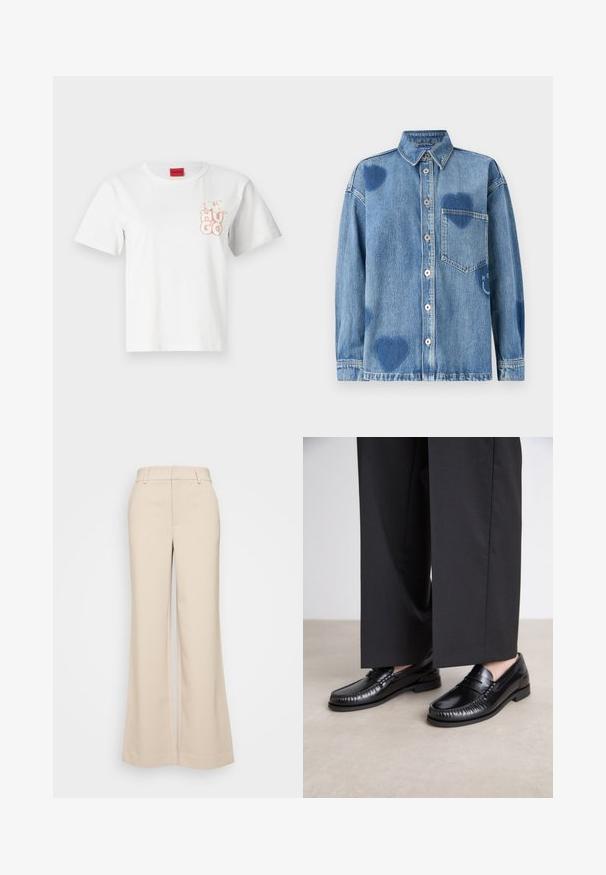 Bílý bavlněný tričko s krátkými rukávy, kulatým výstřihem a světle růžovým logem "HUGO" potisknutým na levé části hrudníku. Červená visačka na krku.; Džínová košile světle modré barvy s akcenty ve tvaru srdce, se špičatým límcem, přední kapsou a knoflíkovou légu. Měkká, strukturovaná tkanina.; Krémové kalhoty s širokými nohavicemi a hladkou texturou, se zvýšeným pasem a dvěma předními kapsami. Čistý design s přiléhavým střihem.; Černé kožené loafers s hladkým povrchem, prošívané detaily kolem špičky a nízkou gumovou podrážkou. V kombinaci s širokými černými kalhotami.
