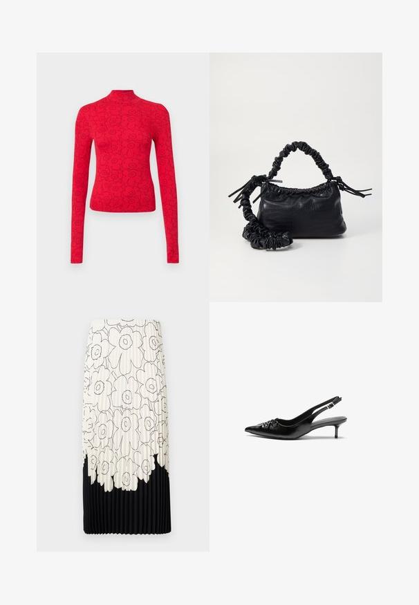 Červený dlouhý rukáv top s vysokým límcem, zdobený černým květinovým vzorem, vyrobený z jemně ribbované látky pro texturovaný vzhled.; Záhybová sukně s květinovým černobílým vzorem, s světlou horní částí s květy a pevným černým spodním lemem.; Černé kožené lodičky na slingback s špičatou špičkou, malým podpatkem typu kitten a ozdobným uzlem na přední straně. Hladký povrch po celém obvodu.; Černá kabelka z umělé kůže s krokodýlím vzorem, staženým vrškem a zmačkaným popruhem. Zdá se, že má měkký a kompaktní design.