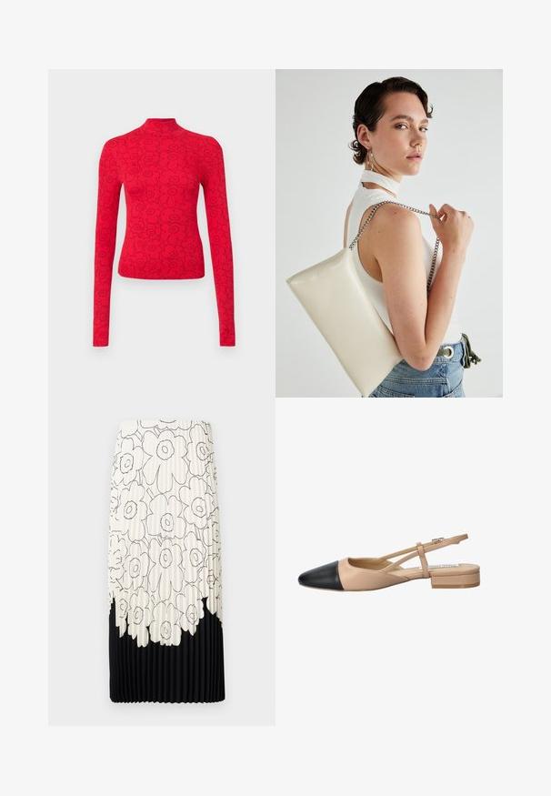 Maglietta rossa a maniche lunghe con collo alto, caratterizzata da un motivo floreale nero, realizzata in tessuto a costine per un aspetto strutturato.; Gonna plissettata con un motivo floreale in bianco e nero, caratterizzata da una parte superiore chiara decorata con fiori e un orlo inferiore nero uniforme.; Scarpa slingback bicolore beige e nera con punta affilata, tacco piatto e dettaglio a fascia incrociata. Texture in pelle liscia.; Borsa a pochette rettangolare bianca realizzata in materiale lucido, con una tracolla in catena argentata. Il modello posa, mostrando la borsa su uno sfondo semplice.