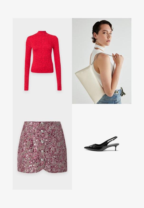 Rotes Langarmoberteil mit hohem Kragen, versehen mit einem schwarzen Blumenmuster, aus geripptem Stoff für ein strukturiertes Aussehen.; Rosa Paillettenrock mit strukturiertem Gewebe, mit körperbetontem Schnitt und fünf silbernen Knöpfen auf der Vorderseite. Formgesäumt mit schimmernden Akzenten.; Schwarze Leder-Slingback-Absätze mit einer spitzen Zehenform, kleinen Kitten-Absätzen und einem dekorativen Knoten-Detail auf der Vorderseite. Glatte Textur über die gesamte Fläche.; Weiße rechteckige Clutch aus glänzendem Material mit einem silbernen Kettenriemen. Das Model posiert und präsentiert die Tasche vor einem schlichten Hintergrund.