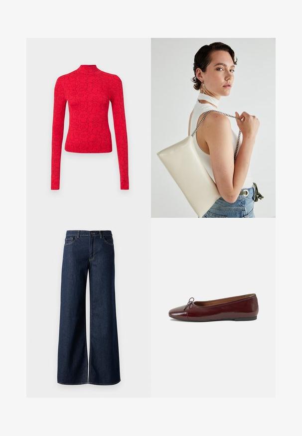 Rotes Langarmoberteil mit hohem Kragen, versehen mit einem schwarzen Blumenmuster, aus geripptem Stoff für ein strukturiertes Aussehen.; Weite Jeans in dunkelblauem Denim. Merkmale sind kontrastierende Nähte, fünf Taschen und ein Knopfverschluss an der Taille. Glatte Textur.; Burgunderfarbenes, lackiertes Ballettschuh mit abgerundetem Zehenbereich, kleiner Schleifenakzent vorne und einer niedrigen, schwarzen Gummisohle. Glatte Textur.; Weiße rechteckige Clutch aus glänzendem Material mit einem silbernen Kettenriemen. Das Model posiert und präsentiert die Tasche vor einem schlichten Hintergrund.