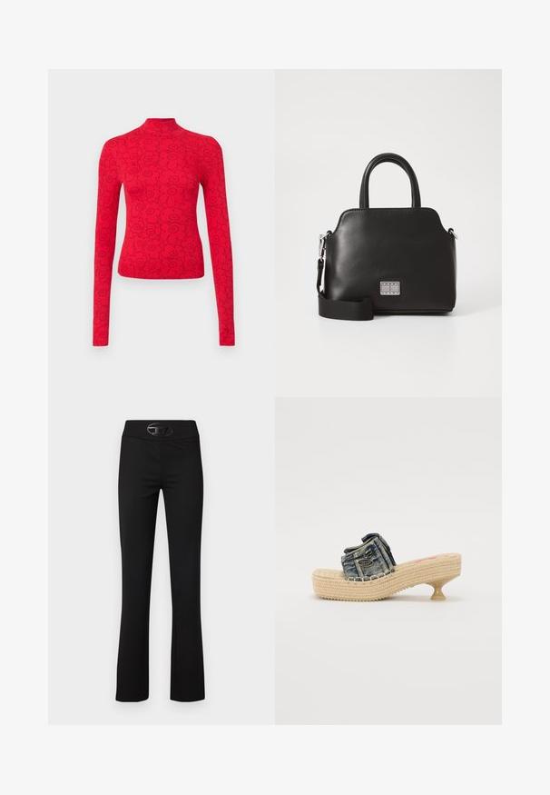 Červený top s dlhým rukávom a vysokým golierom, zdobený čiernou kvetinovou potlačou, vyrobený z rebrovanej látky, ktorá vytvára textúrovaný vzhľad.; Čierne rozšírené nohavice z hladkého, elastického materiálu. Majú široký pás a lesklý čierny logotypový detail vpredu.; Denimové slide sandále s tkanou platformou a malým opätkom. Obsahujú dekoratívne prešívanie a kovový akcent na hornej ramene.; Čierna syntetická kabelka s vrchnými uchami, odnímateľným ramenným popruhom, okrúhlym tvarom, hladkou textúrou a strieborným logom na prednej strane.