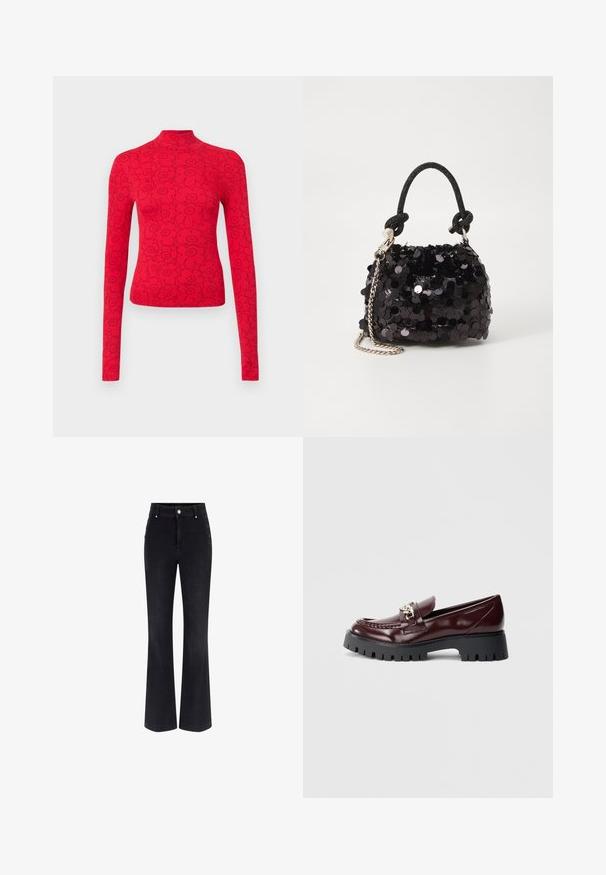 Rotes Langarmoberteil mit hohem Kragen, versehen mit einem schwarzen Blumenmuster, aus geripptem Stoff für ein strukturiertes Aussehen.; Schwarze Jeans aus Denim im Schlagstil mit hoher Taille, fünf Taschen-Design und metallischen Knopfakzenten an den Seiten. Glatte Textur und klassischer Schnitt.; Dunkelburgunderroter Lederloafer mit klobiger schwarzer Sohle und silberner Kettendetail auf der Oberseite, dargestellt vor einem schlichten hellen Hintergrund.; Schwarze Pailletten-Mini-Handtasche mit einem geknoteten, strukturierten Tragegurt und einer silbernen Kette. Abgerundete Form mit gerafftem oberen Teil und reflektierenden Details.
