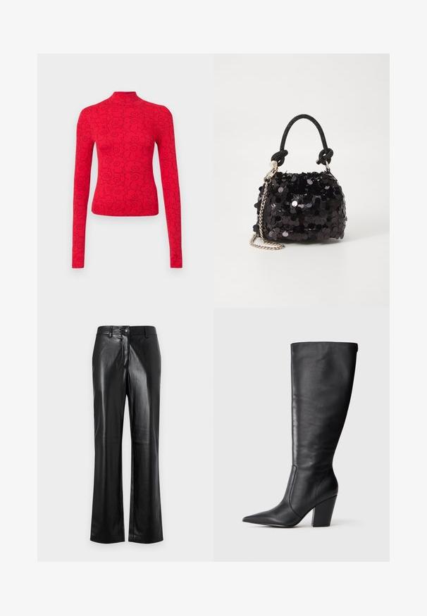 Red long-sleeve top with a high neck, featuring a black floral pattern, made of ribbed fabric for a textured appearance.; Black leather pants with a straight leg design, featuring a front button closure, belt loops, and a smooth, polished texture.; Black knee-high leather boot with pointed toe and chunky high heel, shown in left side profile on white background.; Black sequin mini handbag with a knotted textured strap and silver chain. Rounded shape with gathered top and reflective detailing.