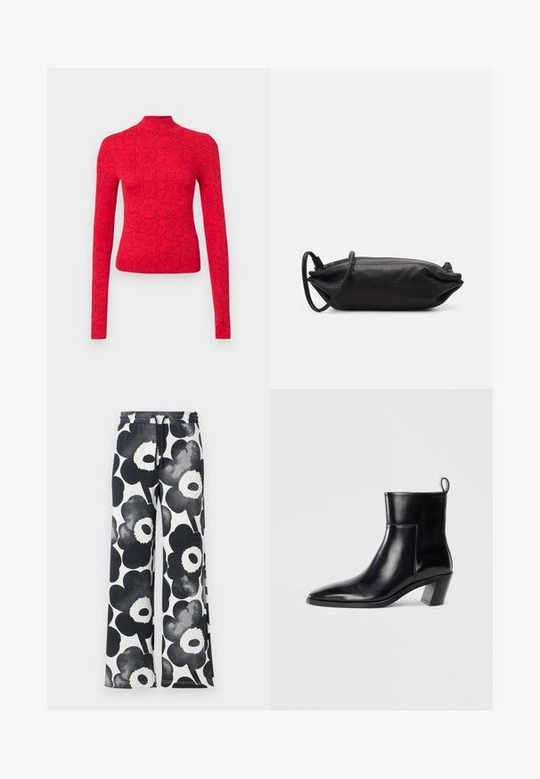 Rotes Langarmoberteil mit hohem Kragen, versehen mit einem schwarzen Blumenmuster, aus geripptem Stoff für ein strukturiertes Aussehen.; Schwarz-weiße weite Hosen mit floralem Muster, versehen mit einem Kordelzugbund und glatter Textur, mit großen stilisierten Blumenmotiven.; Schwarze Leder-Ankleboots mit spitzem Zeh, geometrischem Blockabsatz und einem Zugband hinten. Glatte Textur und elegantes Design.; Schwarze Leder-Clutch mit rechteckiger Form, glatter Textur, dünnem Schulterriemen und minimalistischer Gestaltung.