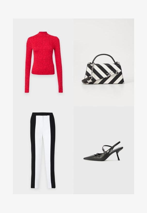 Red long-sleeve top with a high neck, featuring a black floral pattern, made of ribbed fabric for a textured appearance.; Black and white tapered trousers featuring a slim fit with contrasting panels. Fabric has a smooth texture; waistband is flat and fitted.; Black leather slingback heels with a pointed toe, slender heel, and decorative buckle detail on the vamp. Smooth texture and sleek design.; Black and white striped handbag with a structured shape, featuring a top handle, a detachable chain strap, and metallic logo accent.