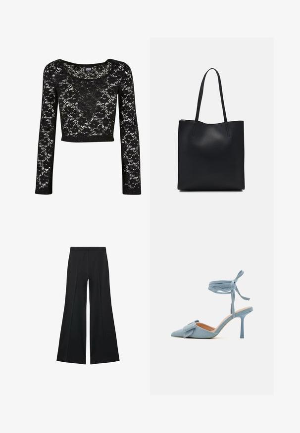 Czarna koronkowa bluzka z krótkim rękawem. Posiada kwiatowy wzór, okrągły dekolt i półprzezroczystą teksturę. Miękki, lekki materiał.; Czarne spodnie o szerokich nogawkach z gładką teksturą, z przodu ozdobione zakładkami i skrojonym fasonem. Materiał jest lekki i zwiewny.; Czółenka na wysokim obcasie z ostrym noskiem w jasnoniebieskim materiale o teksturowanym wykończeniu, z akcentem w postaci kokardy i paskiem wokół kostki zapewniającym stabilne dopasowanie.; Czarna skórzana torba tote o gładkiej fakturze, prostokątnym kształcie i dwóch długich uchwytach. Brak widocznych elementów metalowych i ozdób.
