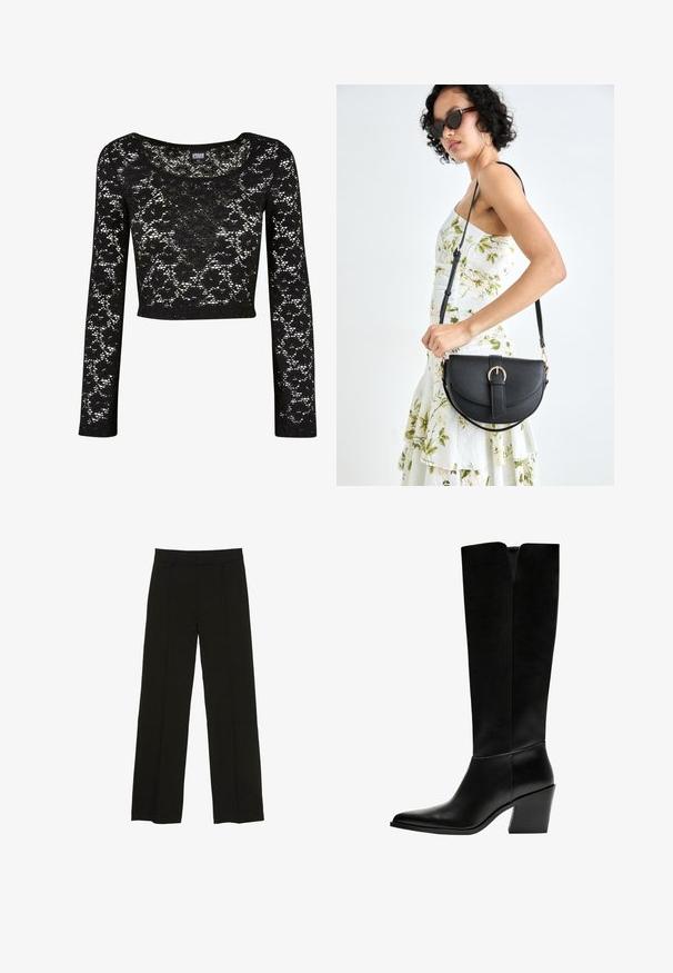 Crna čipkasta kratka majica s dugim rukavima. Ima cvjetni uzorak, okrugli izrez i poluprozirnu teksturu. Mekani, lagani materijal.; Crne široke hlače izrađene od glatkog materijala, s uskim pojasom i suptilnim prednjim naborima za dodatnu teksturu.; Crne čizme do koljena napravljene od glatke kože, s šiljastim vrhom, blok petom i V-oblika izrezom na vrhu.; Crna kožna torba s lukovitim oblikom, odvojivim remenom i zlatnim detaljima. Torba ima preklop s kopčom.
