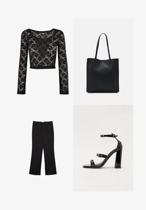 Crna čipkasta kratka majica s dugim rukavima. Ima cvjetni uzorak, okrugli izrez i poluprozirnu teksturu. Mekani, lagani materijal.; Crne hlače ravnog kroja, s prednjim džepovima i bočnim prorezima na rubu. Izrađene od mekog i glatkog materijala. Pogodne za razne prigode.; Crne lakirane sandale na visoku petu s dva remena s kopčama, kvadratnim vrhom i masivnom blok petom, s glatkom, sjajnom teksturom.; Crna kožna torba za nošenje s glatkom teksturom, pravokutnim oblikom i dvije duge ručke. Nema vidljivih metalnih dijelova ili ukrasa.