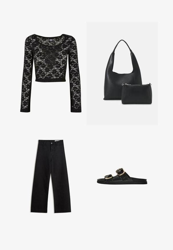 Mustat pitsineuleet lyhyet hihattomat yläosat, joissa on pitkähihaisuus. Sisältää kukkakuosin, pyöreän kaula-aukon ja puoliksi läpikuultavan tekstuurin. Pehmeä, kevyt materiaali.; Mustat leveät farkut korkealla vyötäröllä, joissa on etu- ja takataskut, ommellut saumat ja nappisuljenta. Silkinoinen rakenne.; Musta liukusandaali, jossa on kaksi kultaisesta solkesta tehtyä korostusta, sileäpintainen materiaali, litteä pohja ja minimalistinen muotoilu.; Even&Odd Käsilaukku - black