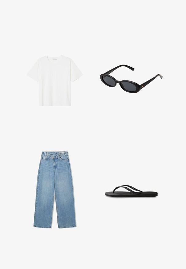 Biała bawełniana koszulka z klasycznym okrągłym dekoltem, krótkim rękawem i bez widocznych wzorów czy faktur. Prosty dół.; Jasnoniebieskie dżinsy w szerokim kroju, wykonane z denimu, z podwyższonym stanem, pięcioma kieszeniami, zapięciem na guzik i subtelnym wyblaknięciem dla uzyskania tekstury.; Czarne klapki z teksturowaną gumową podeszwą, dwiema smukłymi paskami oraz subtelnym, wytłoczonym logo na pasku.; Czarne, oversize okulary przeciwsłoneczne z owalnymi soczewkami, gładkim plastikowym mostkiem i złotymi akcentami na zausznikach. Ciemne soczewki zapewniają ochronę przed słońcem.