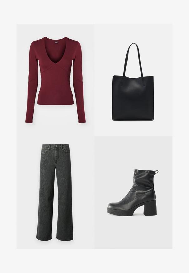 Burgundin pitkähihaiset paita, jossa on syvä V-kaula-aukko ja tiukka muotoilu, valmistettu pehmeästä, joustavasta kankaasta, ja siinä on sauman yksityiskohtia rinnassa.; Kapelevat farkut tummanharmaasta farkkukankaasta, joissa on hienovarainen seeprakuosistructuuri, kontrastiväriset tikkaukset ja viisi taskua napillista avausmekanismia varten.; Mustat nilkkurit, jotka on valmistettu sileästä nahasta. Niissä on sivuvetoketju, paksu teksturoitu korko ja pyöristetty kärki.; Mustapahkainen kangaskassi, jossa on sileä pinta, suorakaiteen muotoinen ja kaksi pitkää kahvaa. Ei näkyvää metalliosaa tai koristeita.