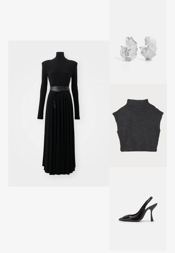 Tummanharmaa lyhyt neulepusero, jossa on korkea kauluspanta, valmistettu teksturoidusta neulemateriaalista. Puserossa on lyhyet hihat ja suora alahelma.; Norma Kamali SHOULDER PAD TURTLE FLARED DRESS TO MIDCALF - Trikoomekko - black; Musta nahka slingback-kengät, joissa on terävä kärki, kapea korko ja koristeellinen rusetti. Sileä pinta ja tyylikäs muotoilu.; Hopeinen metallinen olkalaukku, jossa on sileä pinta, kaareva muotoilu, ketjuolkaimet ja kiiltävä etupaneeli, jossa on hienovarainen logon kaiverrus.; Hopeakorvakorut, joissa on virtaava, spiraalimainen muotoilu. Sileä pinta, jossa on kiiltävä viimeistely. Ominaisuuksina hienovarainen kiilto ja ei näkyviä koristeita.